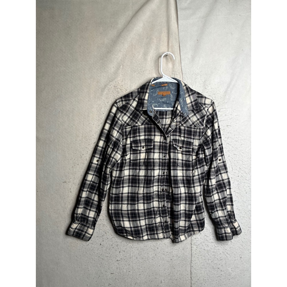 Jachs Girlfriend Bea Plaid Button Down Shirt Black White Western Roll Tab Medium